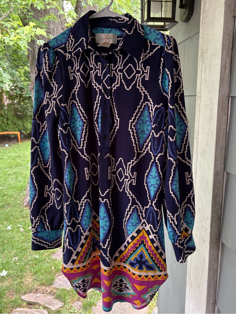 Vintage JB by Julie Brown Navy Multi-Color Ikat-Geometric Shirt Tunic Dress, L